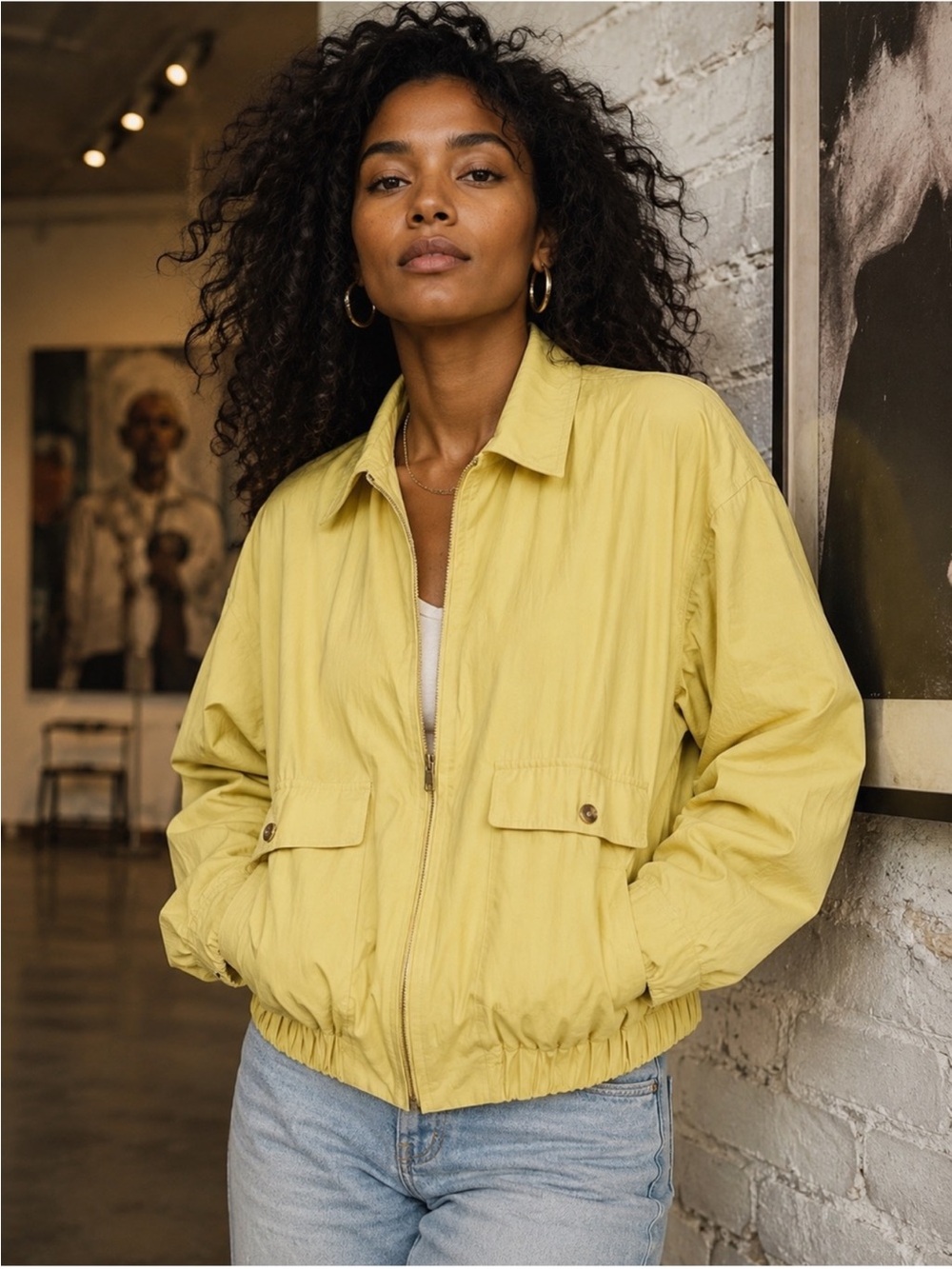 Vintage Chartreuse Green Yellow Zip Collared Spring Bomber Jacket Medium m